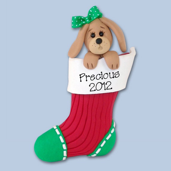 Christmas Puppy Dog in Stocking  Handmade  Polymer Clay Personalized Christmas Ornament