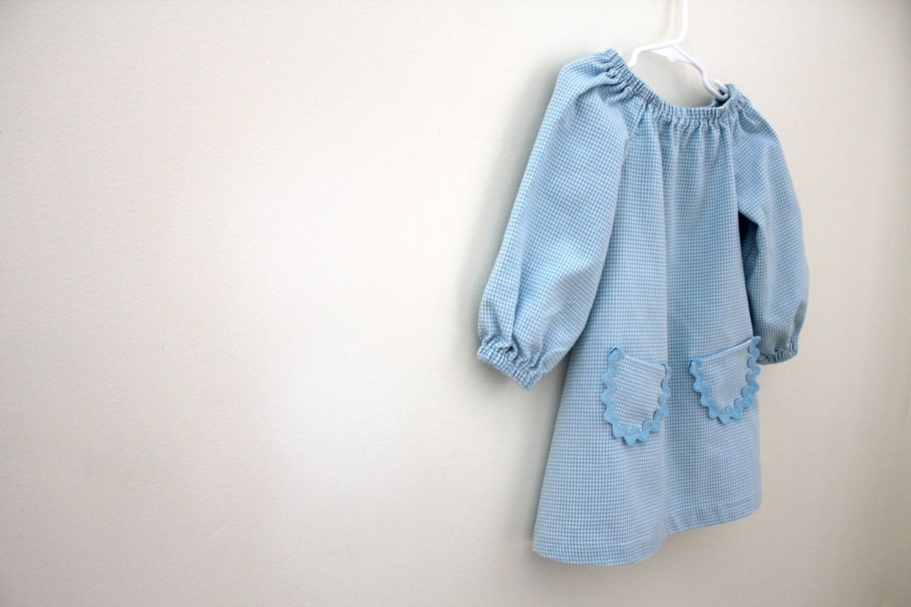 Baby Blue and White Houndstooth Long Sleeve Peasant Dress, Ready to Ship in Size 2T.  Winter Dress. Christmas Dress for your Toddler.