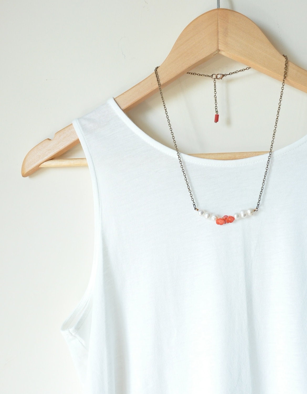 pearl and coral necklace,  gold chain , long necklace, inspired by Native American necklace,  tribal necklace,