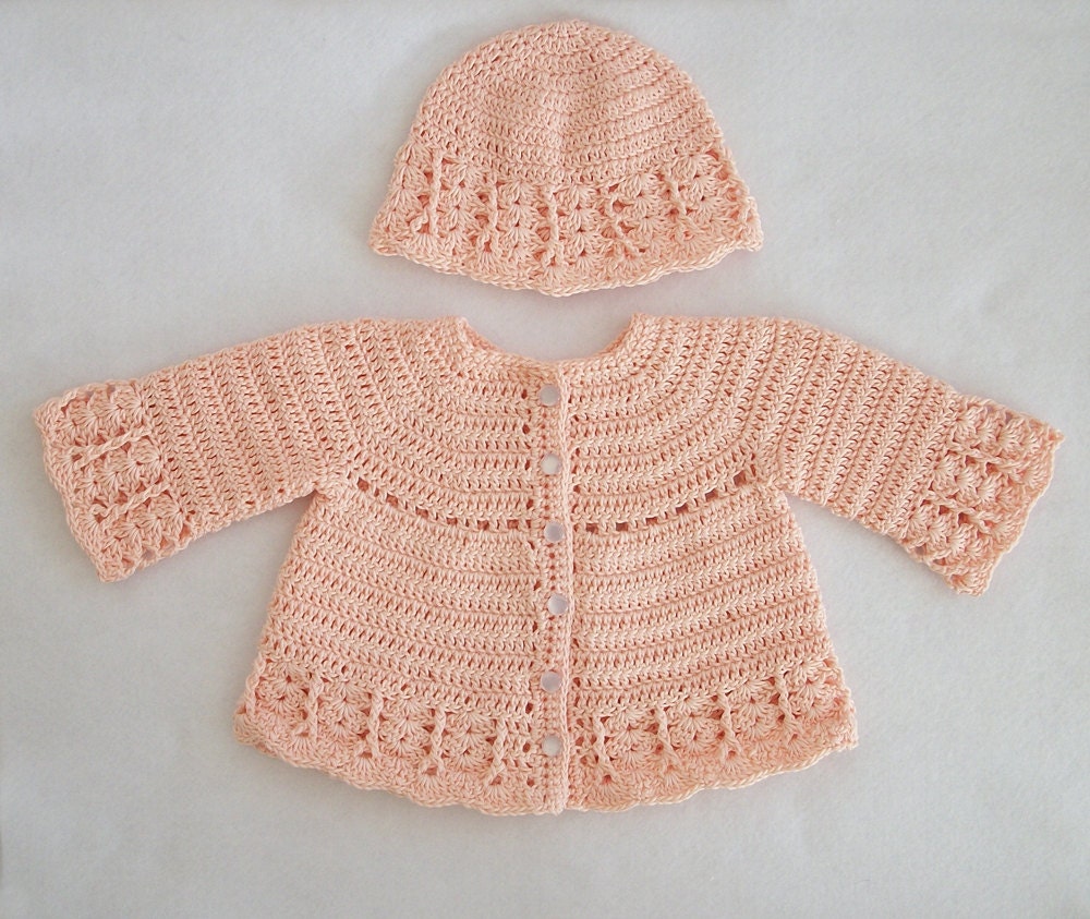 Crocheted Baby Girl Lacy Coat-Like Sweater/Hat Set in Light Salmon, 0M-3M