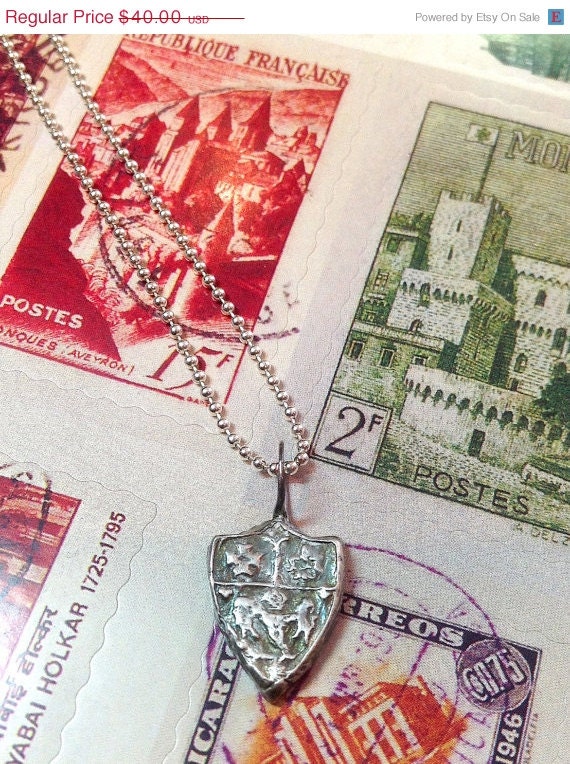Armorial Shield Fine Silver Pendant with 18" Sterling Silver Ball Chain - Crest - Coat of Arms - Heraldry - Recycled Silver