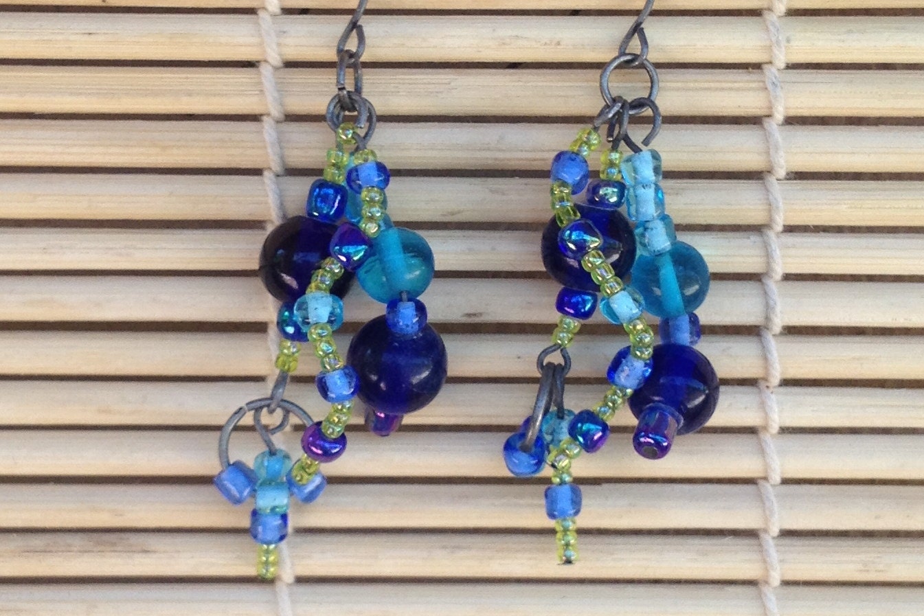 Funky Abstract Blue and Green Wire Dangle Earrings