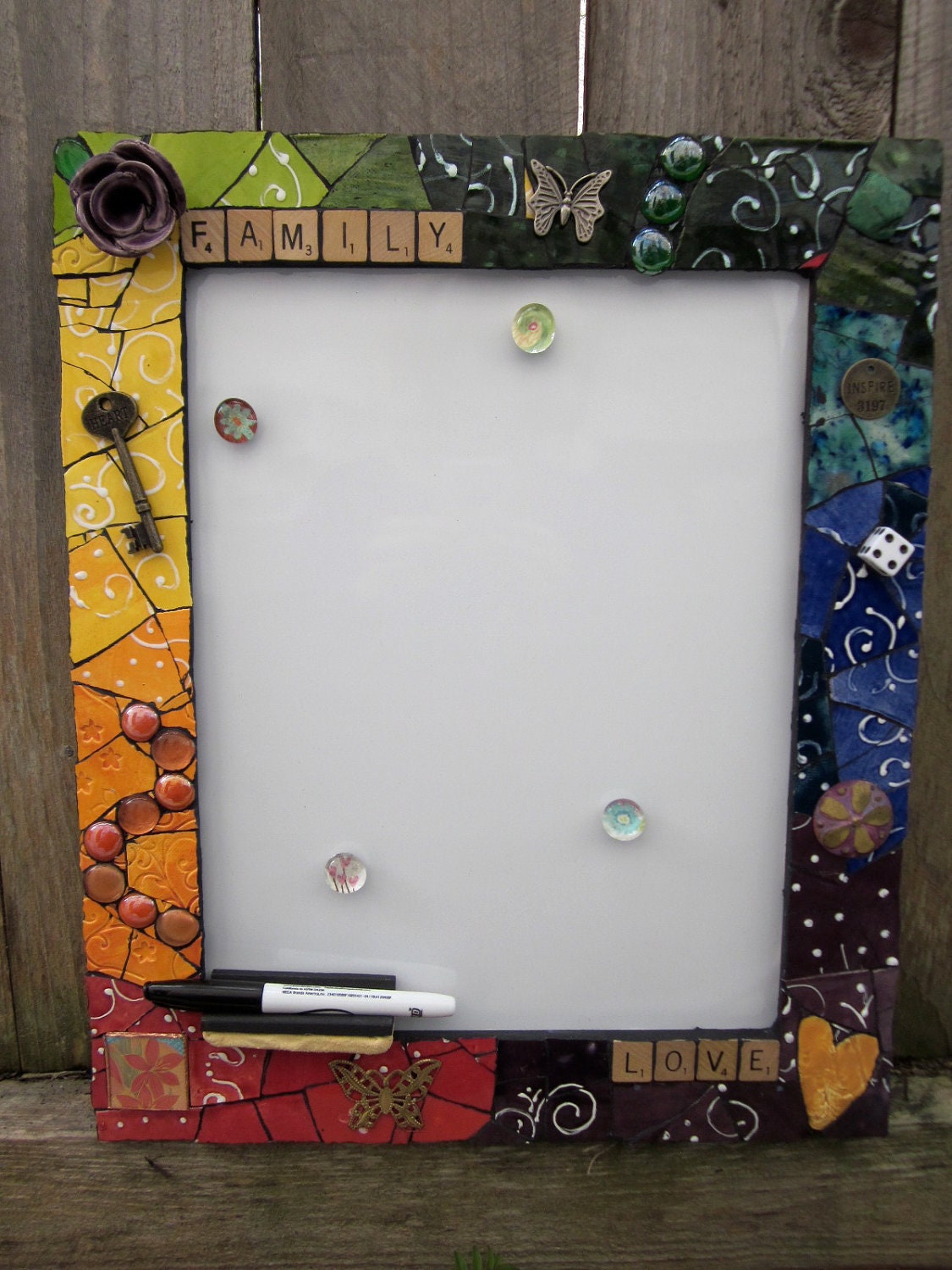 Magnetic dry erase board with Mosaic frame
