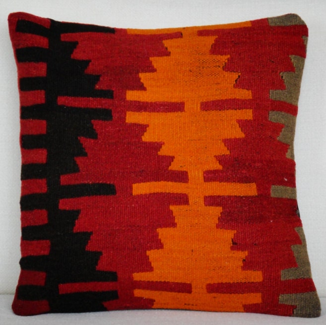 Antique Turkish Kilim Pillow Cover - Hand Embroidered - 16x16 inch