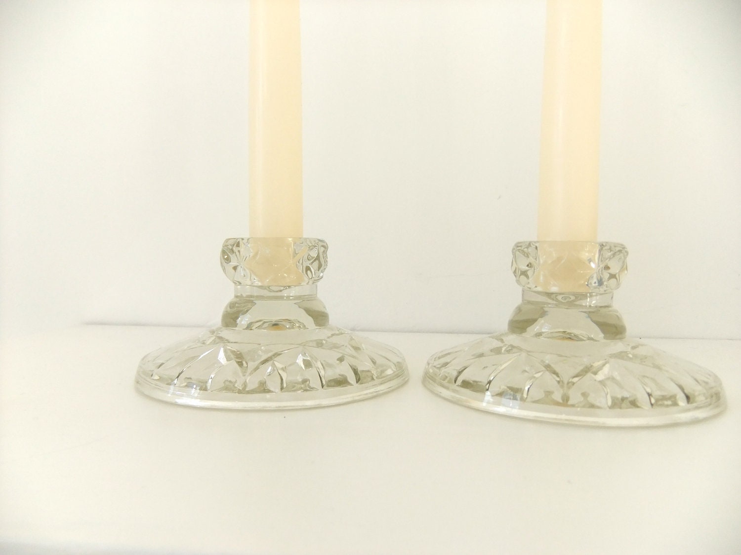 Pair of Pressed Glass Candlesticks - Set of 2 Moulded Glass Candle Holders - Molded Candleholders