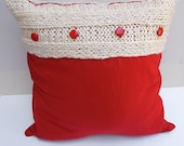 Decorative Pillow Cover. Red and White. Knitted Accent. 20x20"