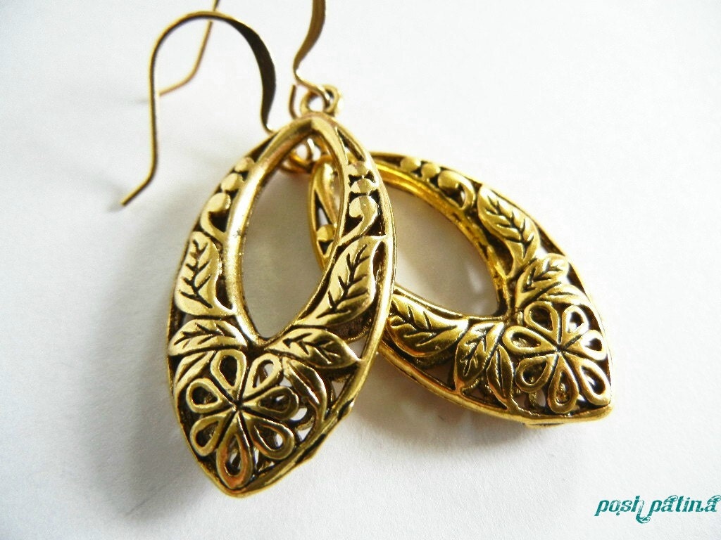 Antiqued Gold Flower Earrings, Dangle, Teardrop Earrings, Filigree, Nature Inspired, Gift for Her