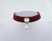 Gothic  Resin Pearl  Fuchsia  Velvet  2CM  Ribbon Necklace Vampire Queen Costume Halloween  Party - adjustable length 34cm - 41cm