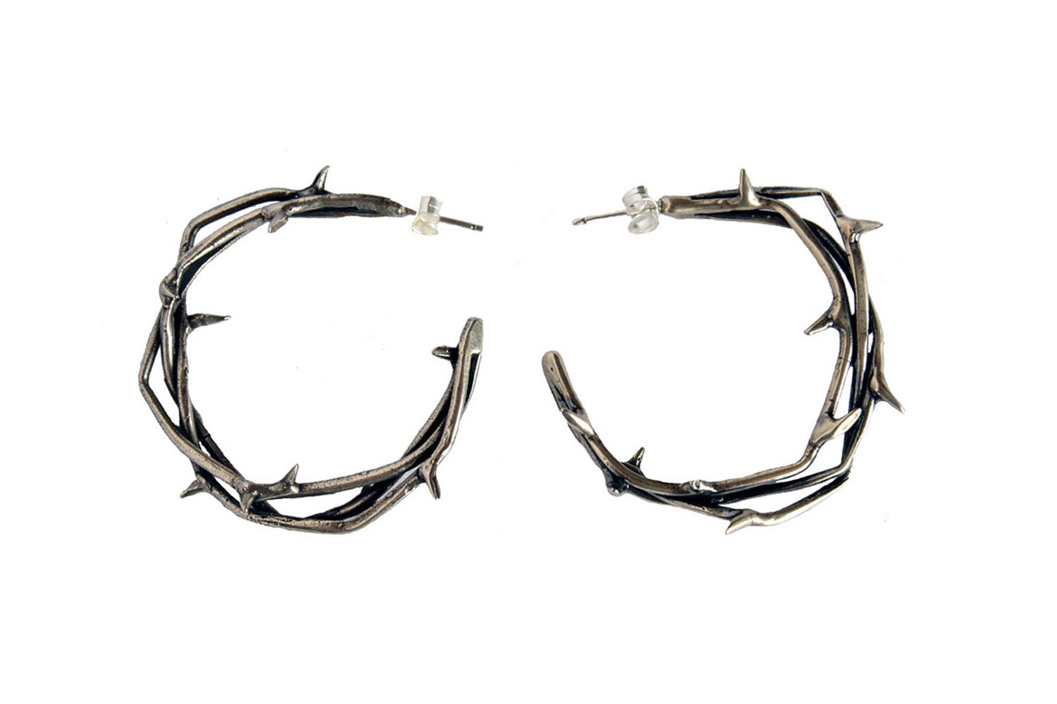 Crown of Thorns Hoop Earrings in White Bronze
