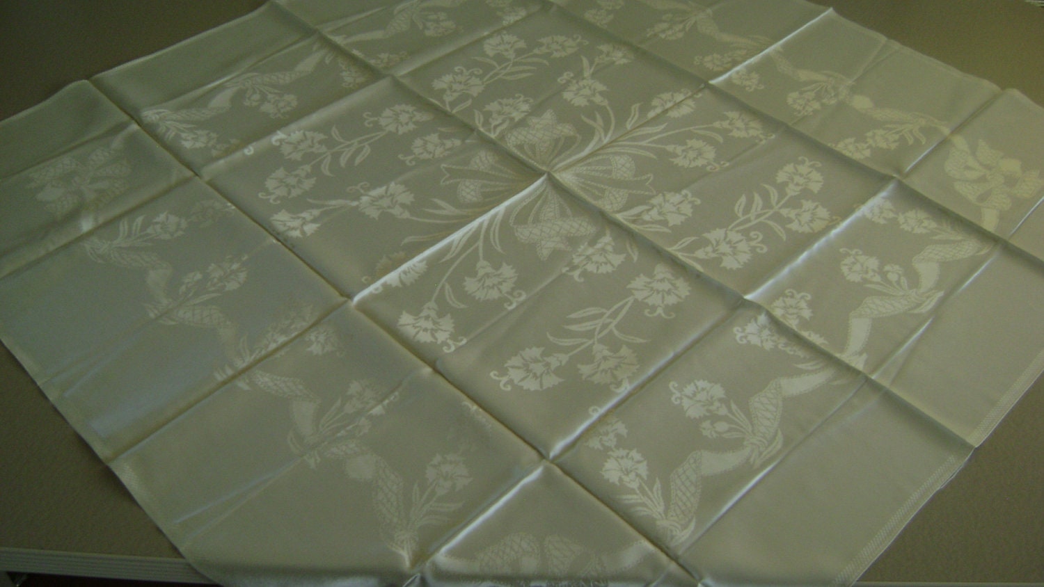 Vintage Tablecloth Rayon Damask Blend Ivory/Ivory  Bows Floral  38x40" square