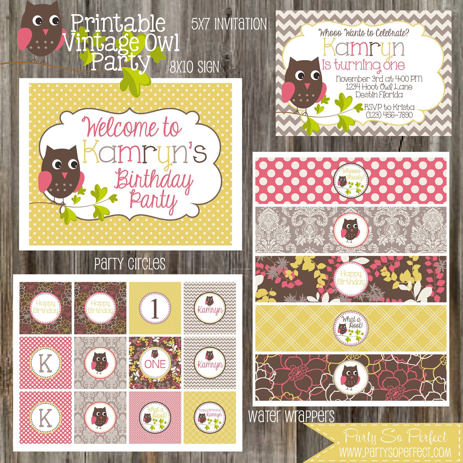 Vintage Classic Owl Pink, Gray and Yellow Birthday Party Package - Girl DIY Printable Il_170x135