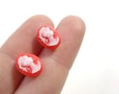 Tiny White and Red Cameo Earring Posts