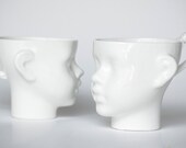 Porcelain doll head cups - set of two, coffe mug or tea mug, white artisan cups