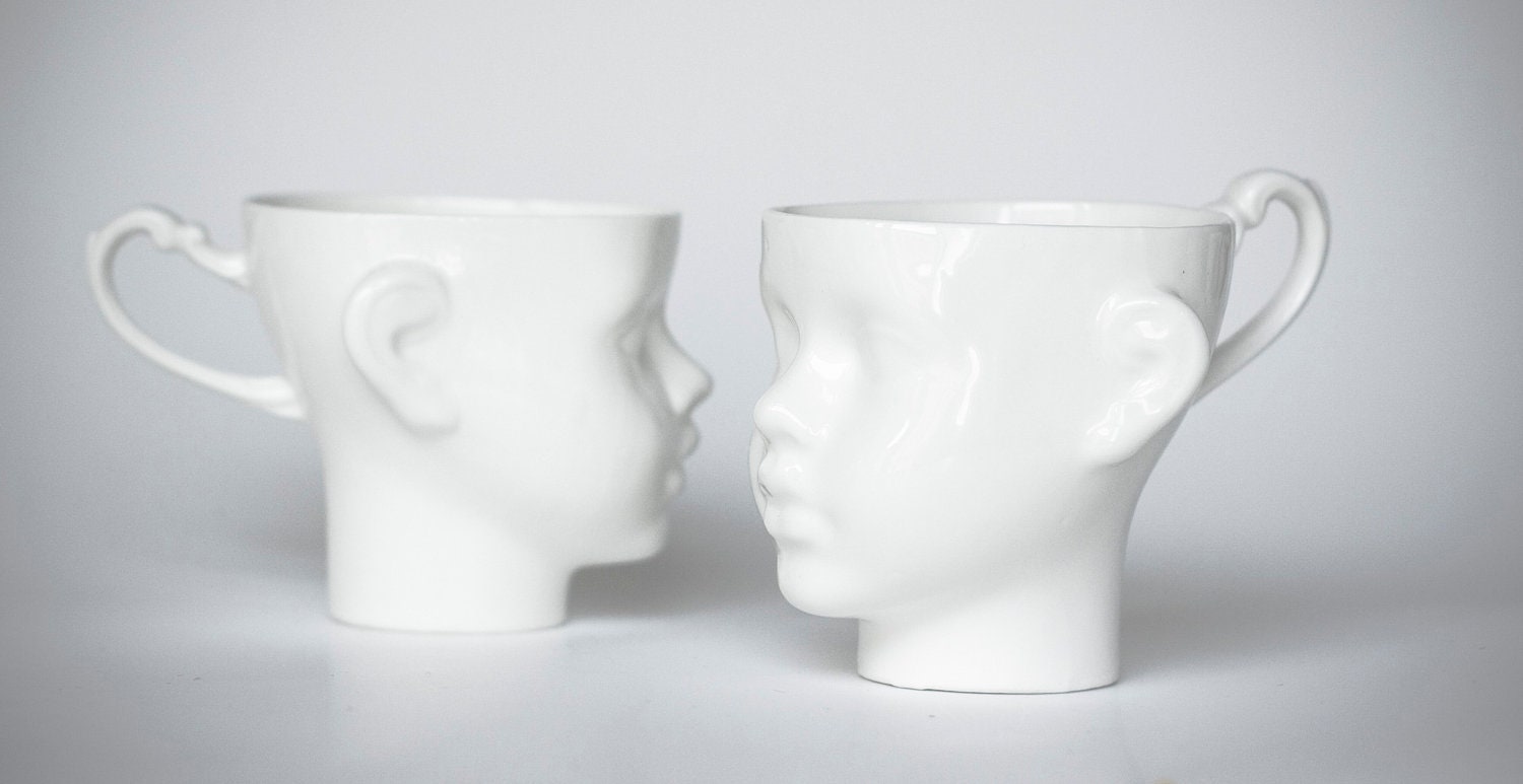 Porcelain doll head cups - set of two, coffe mug or tea mug, white artisan cups