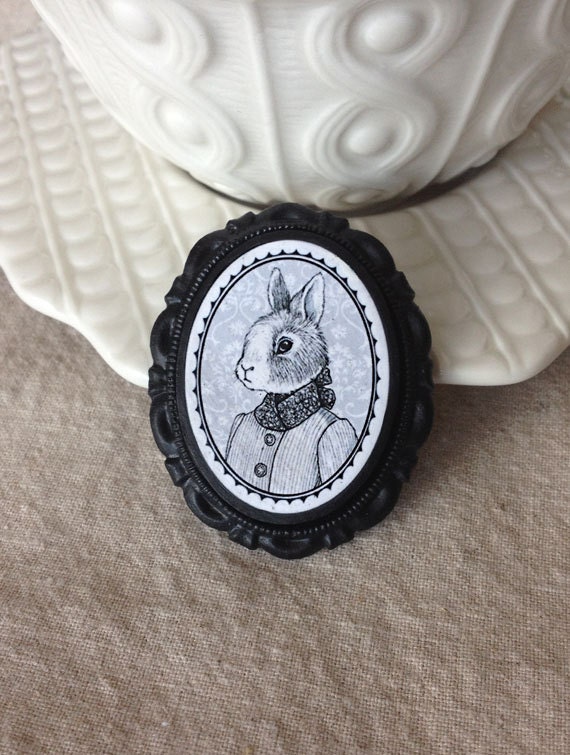 Rabbit - Victorian Style Brooch - Girl Rabbit Portrait