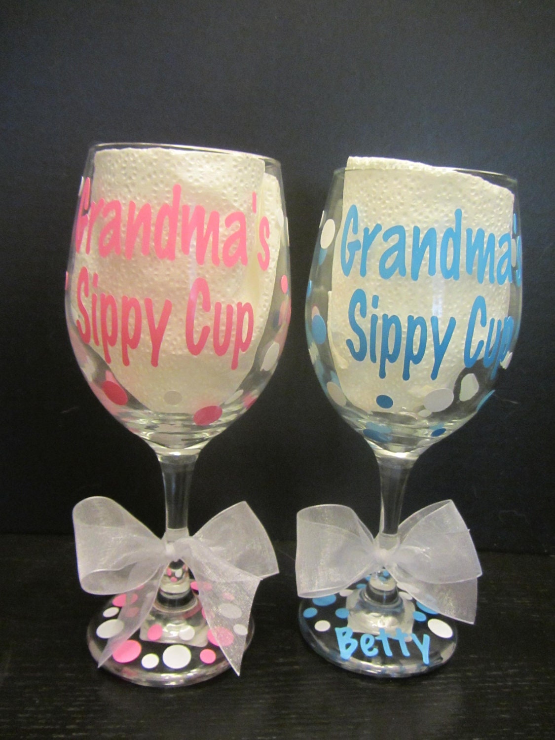 Grandma's sippy cup - Personalized wine glass - great way to annouce new baby