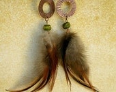 Line Textured Copper Hoop, Green Wood Bead & Brown Feather Earrings