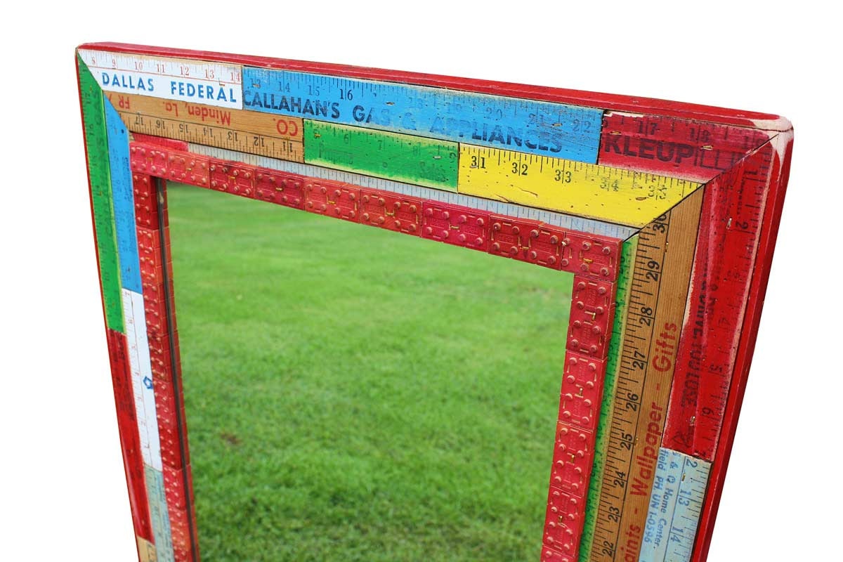 Mirror with Custom Vintage Yardsticks and Wooden Stacking Blocks Repurposed Upcycled
