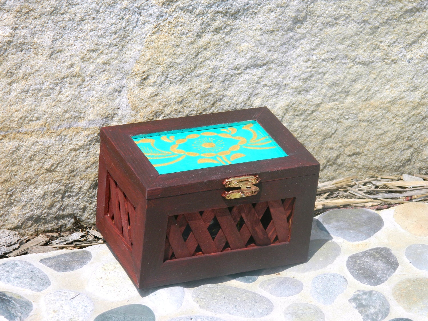 Burgundy cherry  turquoise gold Hand painted  Latticed Sided Pine Novelty Box with  Floral Top