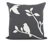 Love birds pillow cover - White birds in nature applique on charcoal throw pillow case - 16x16 birds decorative pillow cover