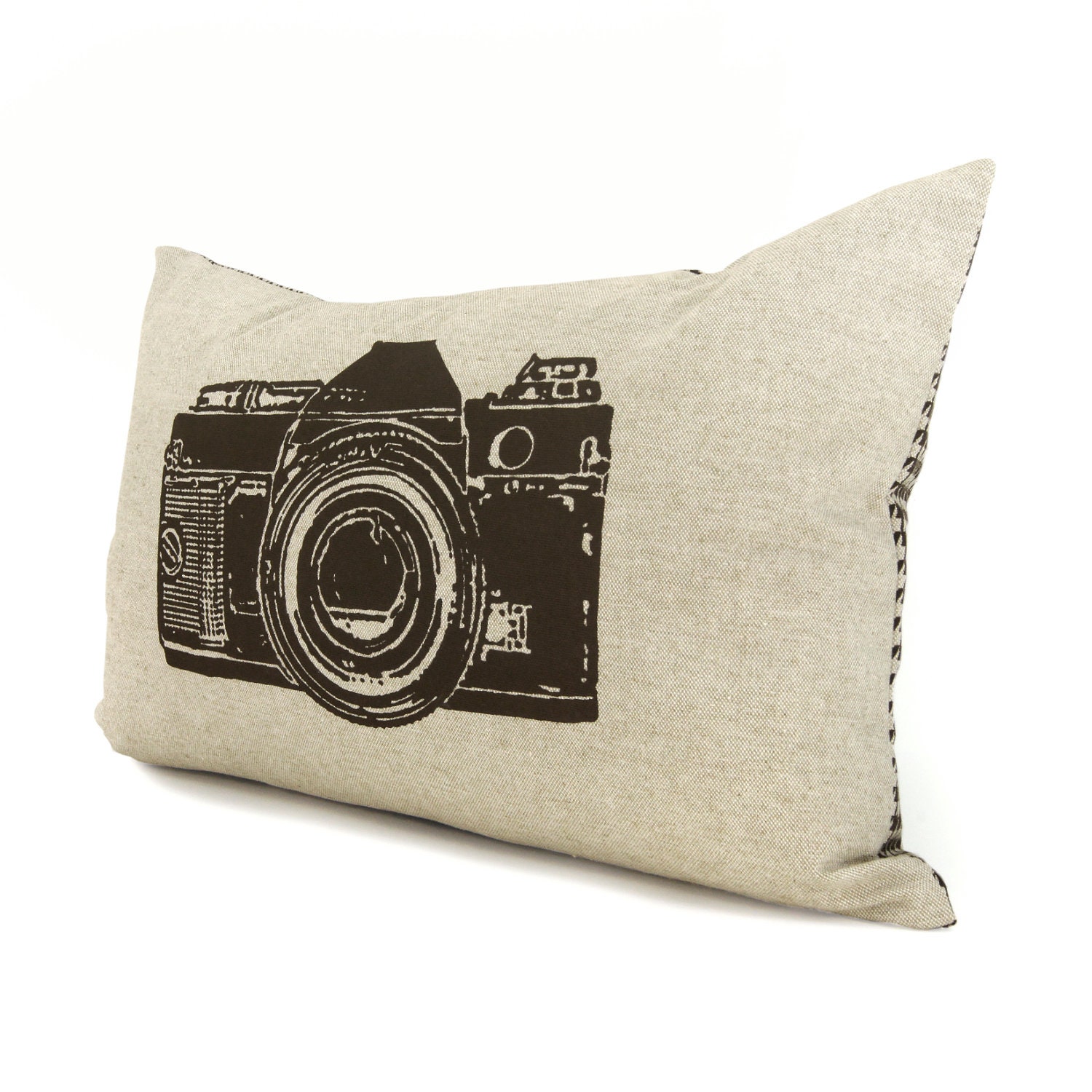 Camera pillow cover, Decorative pillow for couch, 12x18 lumbar pillow cover - Brown camera print on natural beige canvas & houndstooth back