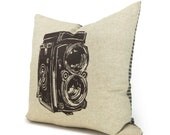 Decorative pillow for couch, Old Camera, 16x16 pillow cover - Brown antique camera print on natural beige canvas and houndstooth back