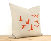 Bird pillow cover, Decorative throw pillow cover, Rustic decor - Orange flying bird silhouettes print on natural beige canvas in 16x16