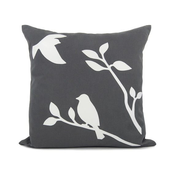 Love birds pillow cover - White birds in nature applique on charcoal throw pillow case - 16x16 birds decorative pillow cover
