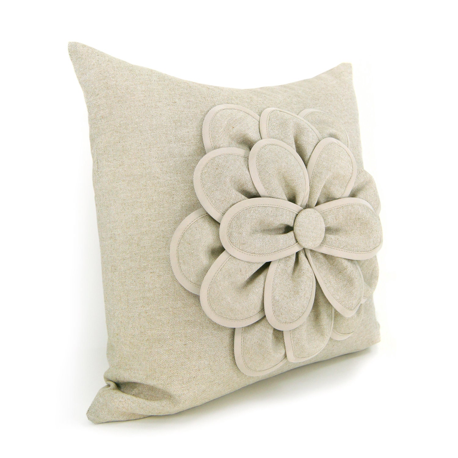 Decorative pillow cover, Flower pillow cover,  Natural pillow cover,  Rustic home decor - Flower applique pillow cover in 16x16