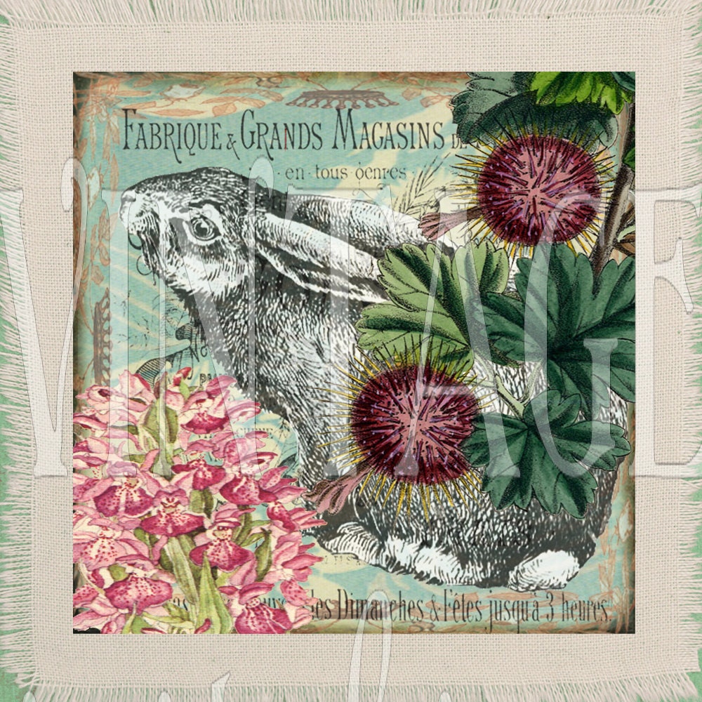 Quilting Square Vintage Rabbit Hand Printed Quilting Fabric for Patchwork. Cotton Fabric Square Quilt Block 6x6 inches. Design no:20