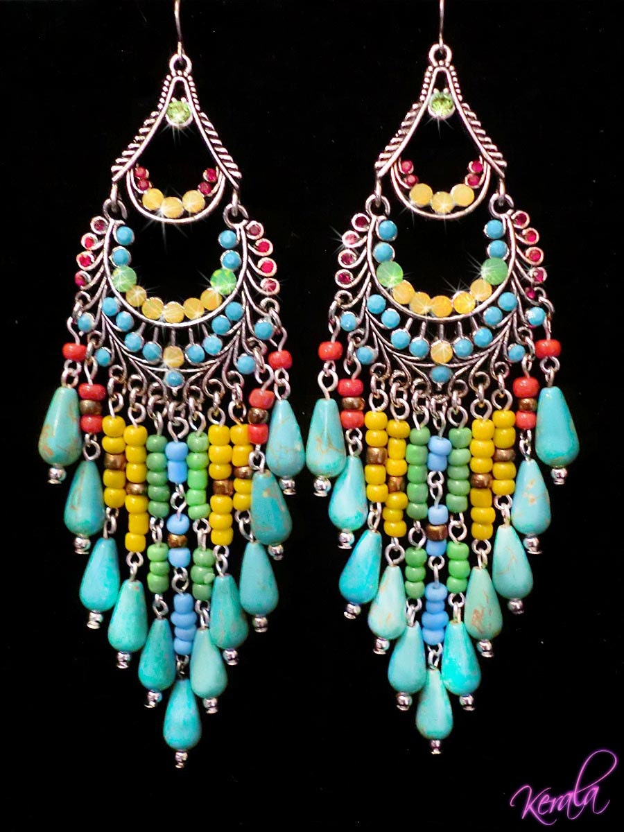 Genuine Turquoise Magnesite Gemstone Beaded Chandelier Earrings- Large, Ethnic, Native Inspired-MTO