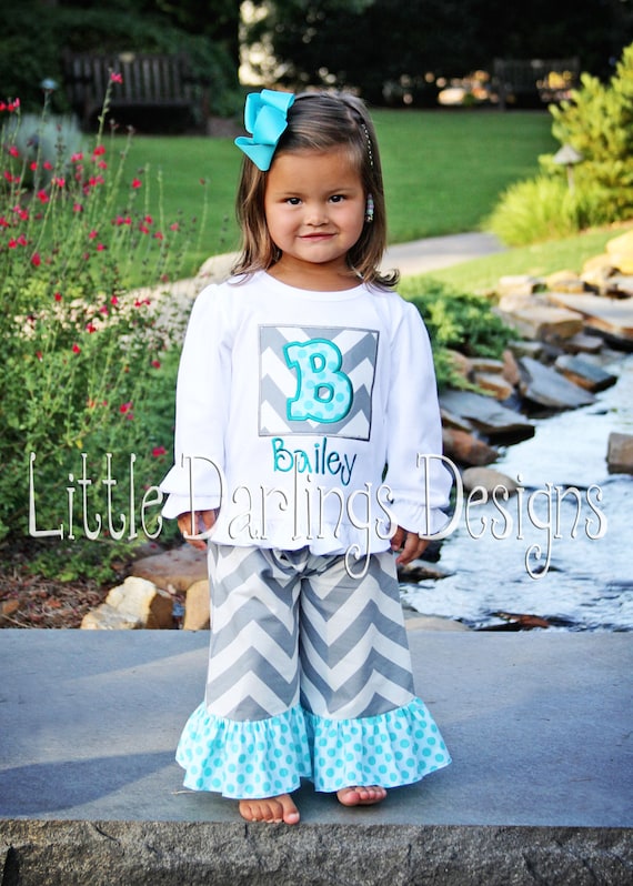 Custom Girls Shirt featuring Gray Chevron with Sea Polka Initial