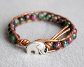 Mosaic Agate Bohemian beaded leather bracelet, good luck elephant, single Wrap, blue, red, green, bronze, multi color rich bold, colorful