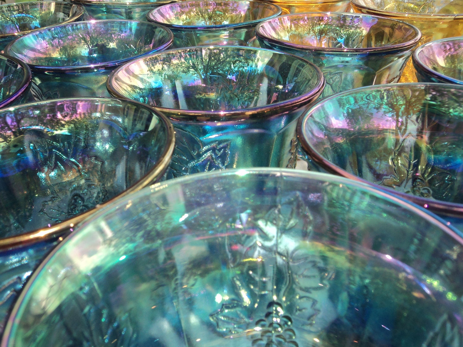 2 SETS of glaSS carnival goblets 1 blue irridescent or 1 gold