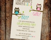 Gender reveal invitation with owls, pink and blue owl baby shower invitation digital, printable file (item 1433)