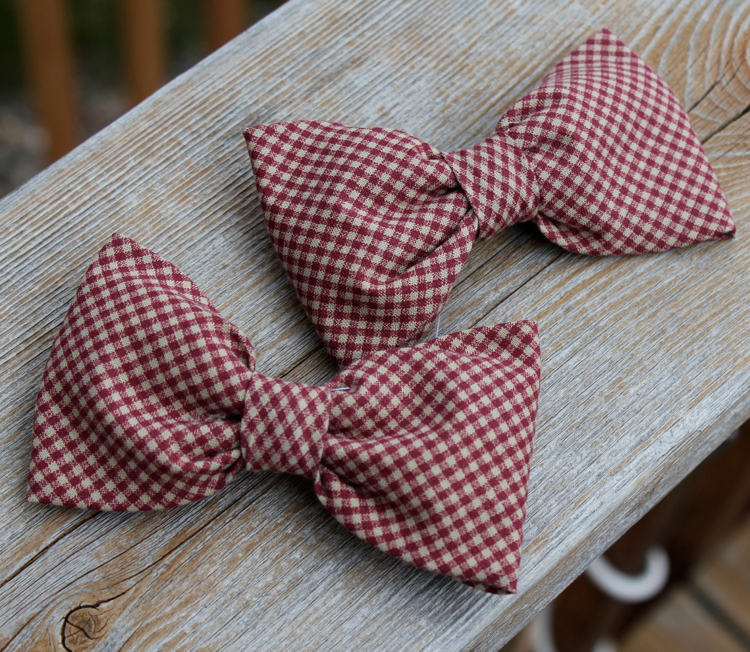 Burgundy and Cream Gingham Bow Tie for boys - clip on