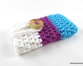 Crocheted iPod / iPhone / MP3 Player / Mobile Phone Cozy in White, Orchid and Turquoise Color Block