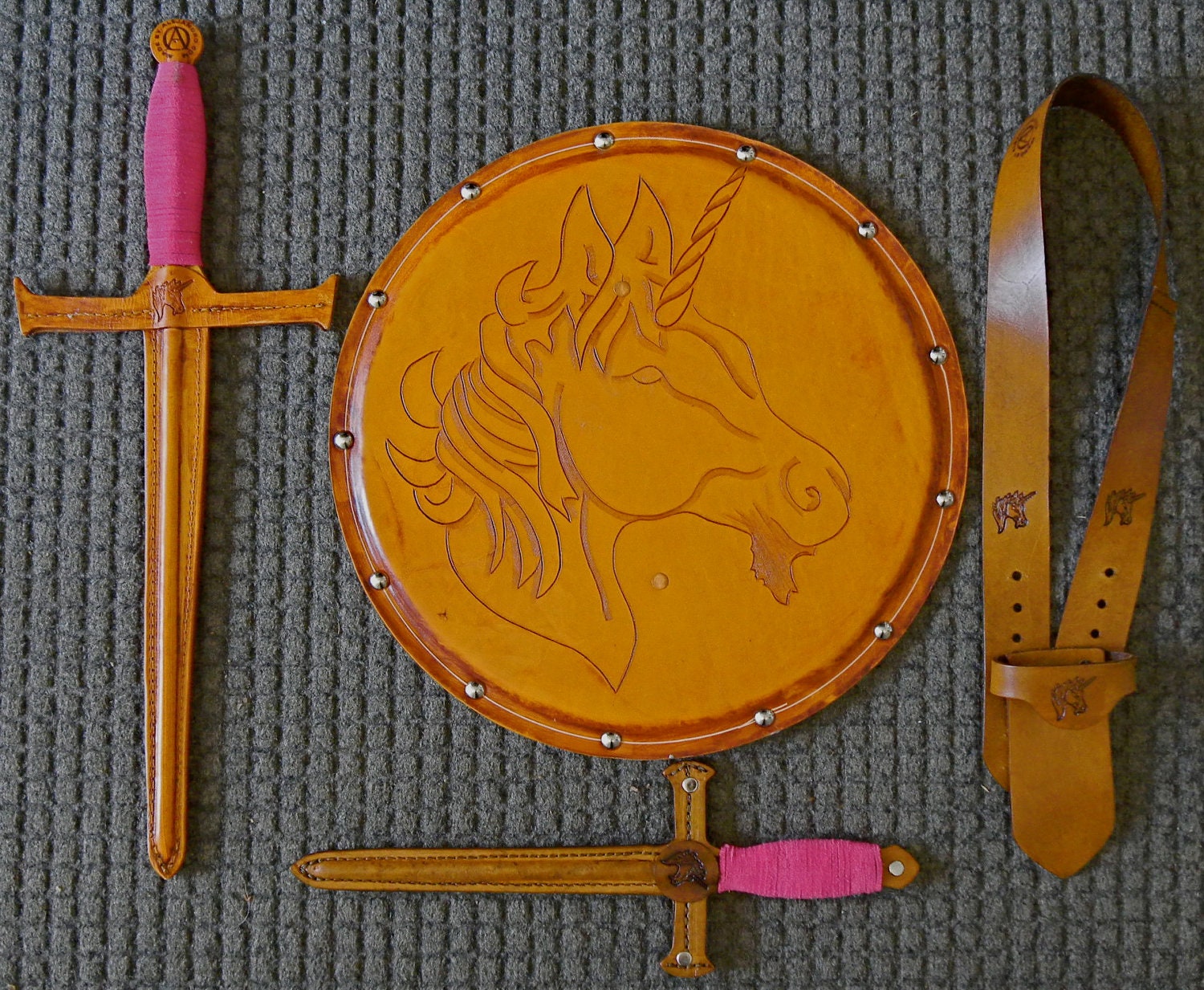 Handmade Leather COMPLETE Set - Sword, Dagger, Holder, & Shield w/ Unicorn Emblem