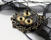 Black steampunk watch parts necklace in victorian frame, ooak polymer clay necklace - kapelusznik