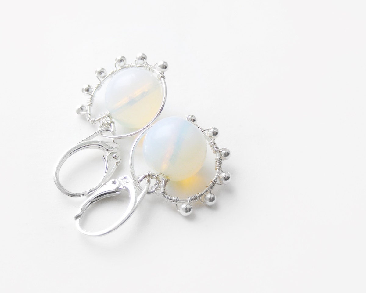 Opal wire wrapped earrings, sterling silver natural opal wire wrapped jewelry handmade
