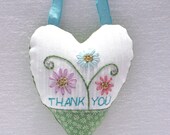 THANK YOU heart pillow with flowers and vines embroidery