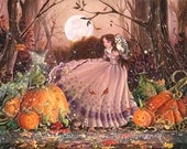 Autumn Faery Witch- whimsical, Victorian fantasy illustration with magical pumpkins- digital fine art print 7x10 & 5x7 print