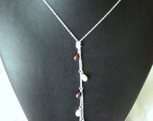 Knotted silver chain necklace with a waterfall of brown and white glass pearls  - Lariat style - Free shipping to CANADA and USA