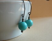 Turquoise gemstone dangle earrings - gunmetal finished metal - December birthstone - Free shipping to Canada & USA