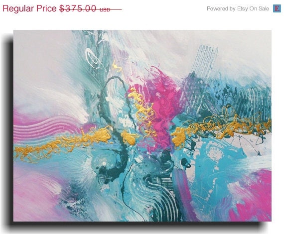 Huge Abstract Turquoise Pink Gold Aqua Modern Fine Art Pastel Original Painting 30 x 40 Skye Taylor Artist