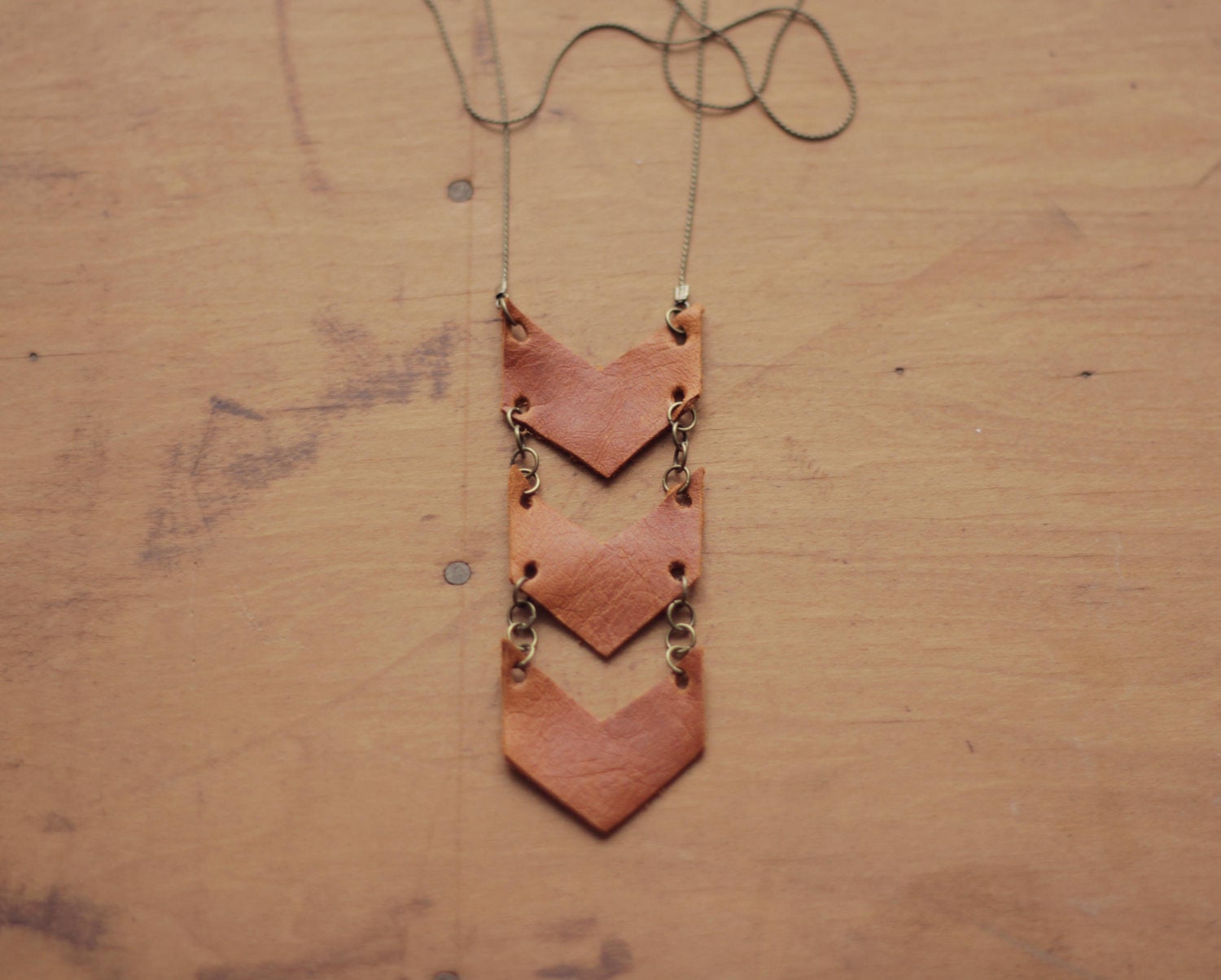 Distressed Tan Leather Chevron Necklace (Small)