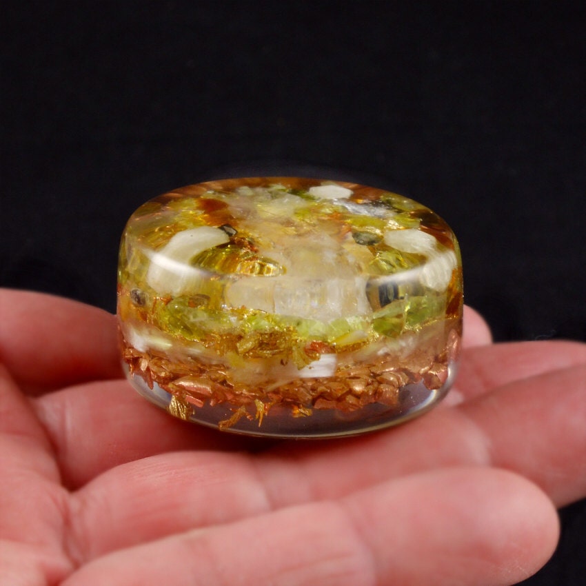 Pocket Orgone Energy Generator .. Arkansas Crystal, Baltic Amber, Peridot, Tourmaline, Selenite, Rhodizite, Phenacite, Copper Nugts  (234)