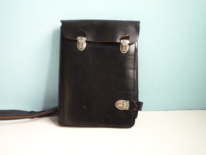 Vintage 70s Police Leather Bag Briefcase Black Original
