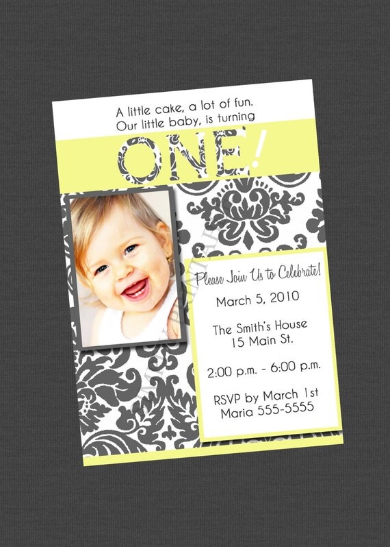 Yellow Gray White Damask 1st Birthday Invitation Il_570xn