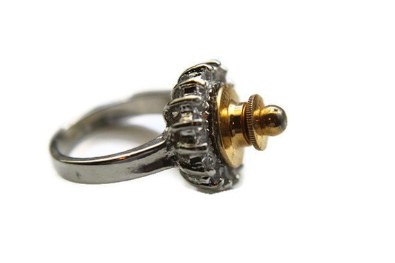 Recycled Silver & Gold Rhinestone Steampunk Ring Size 6.5